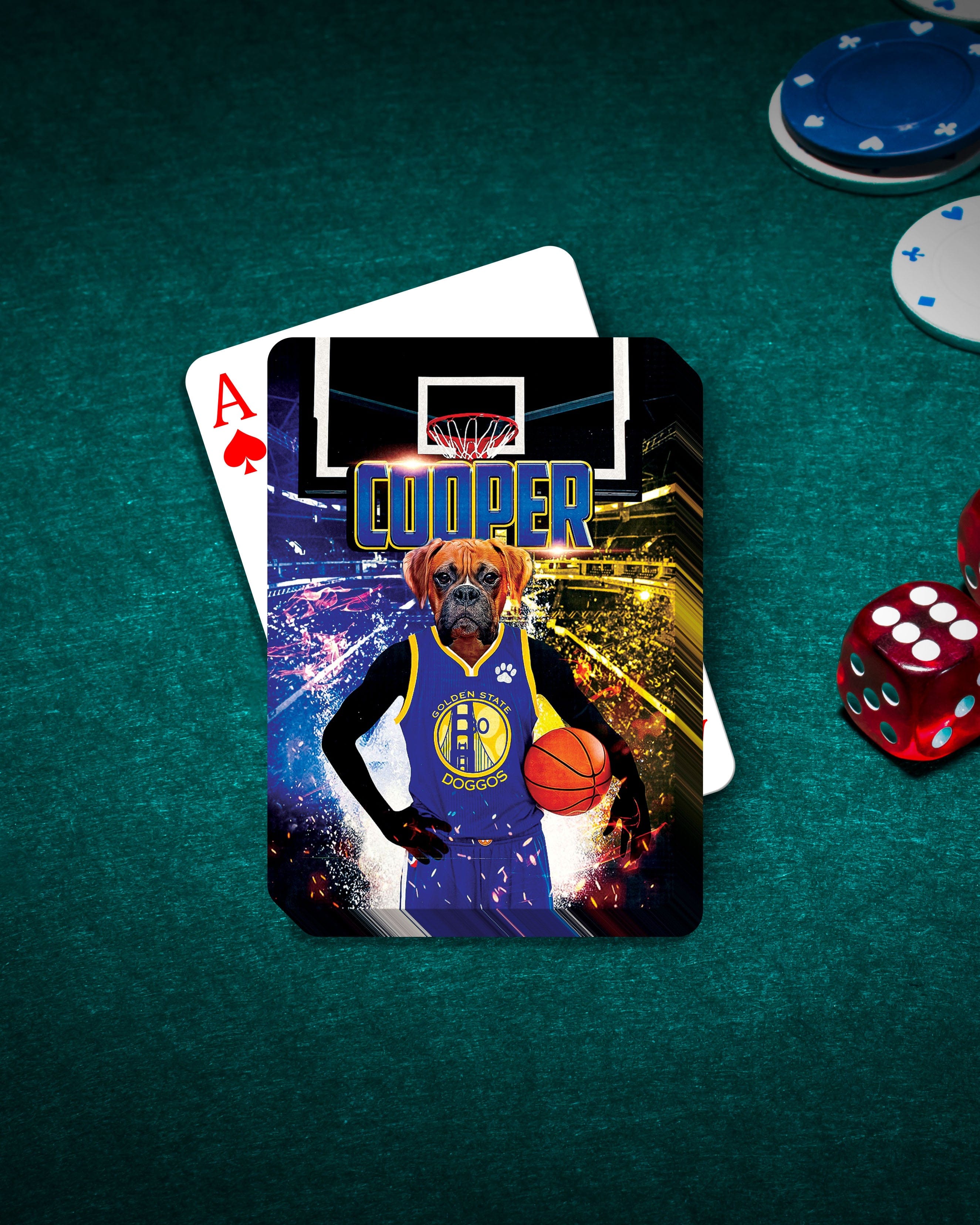 Personalized playing card featuring a boxer dog in a Golden State Doggos basketball uniform on a green felt table.