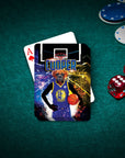 Personalized playing card featuring a boxer dog in a Golden State Doggos basketball uniform on a green felt table.