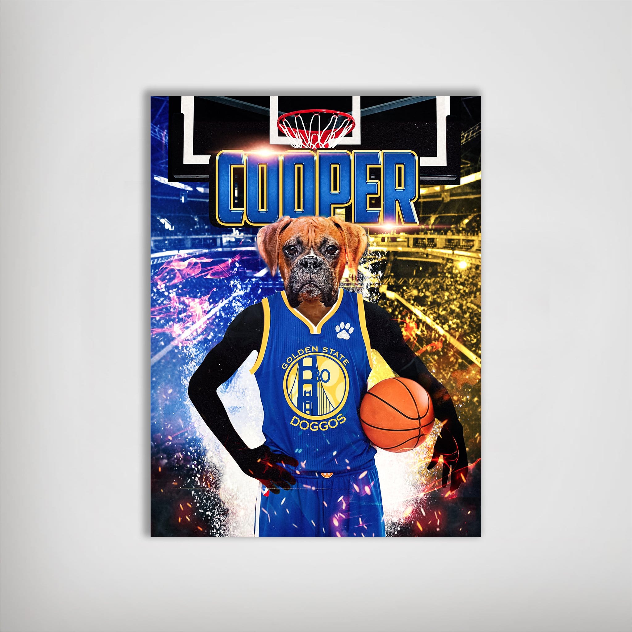 Personalized Golden State Doggos pet poster featuring a boxer in a blue basketball jersey holding a ball.