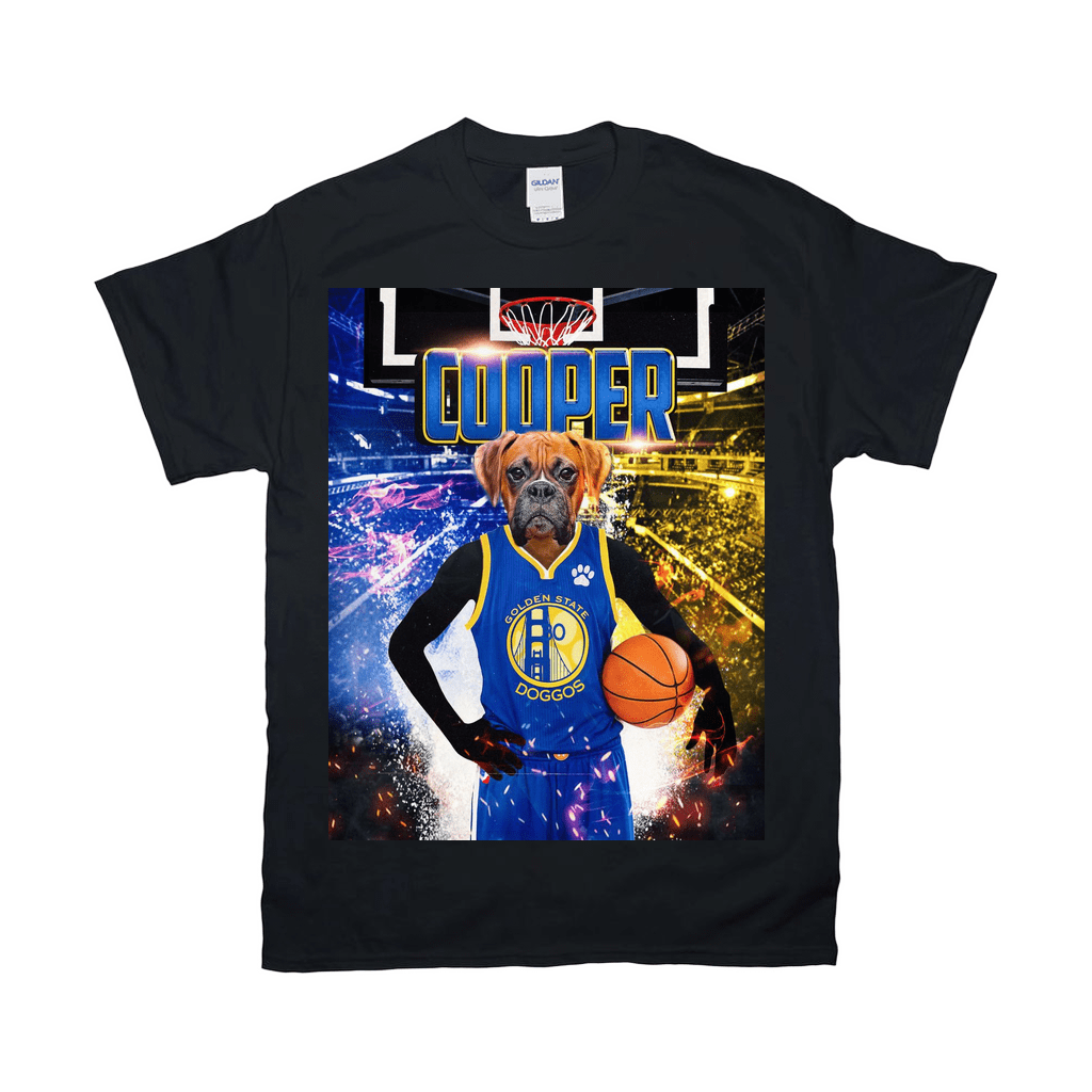 Black Gildan t-shirt with a personalized boxer dog in a blue "Golden State Doggos" basketball jersey holding a ball.