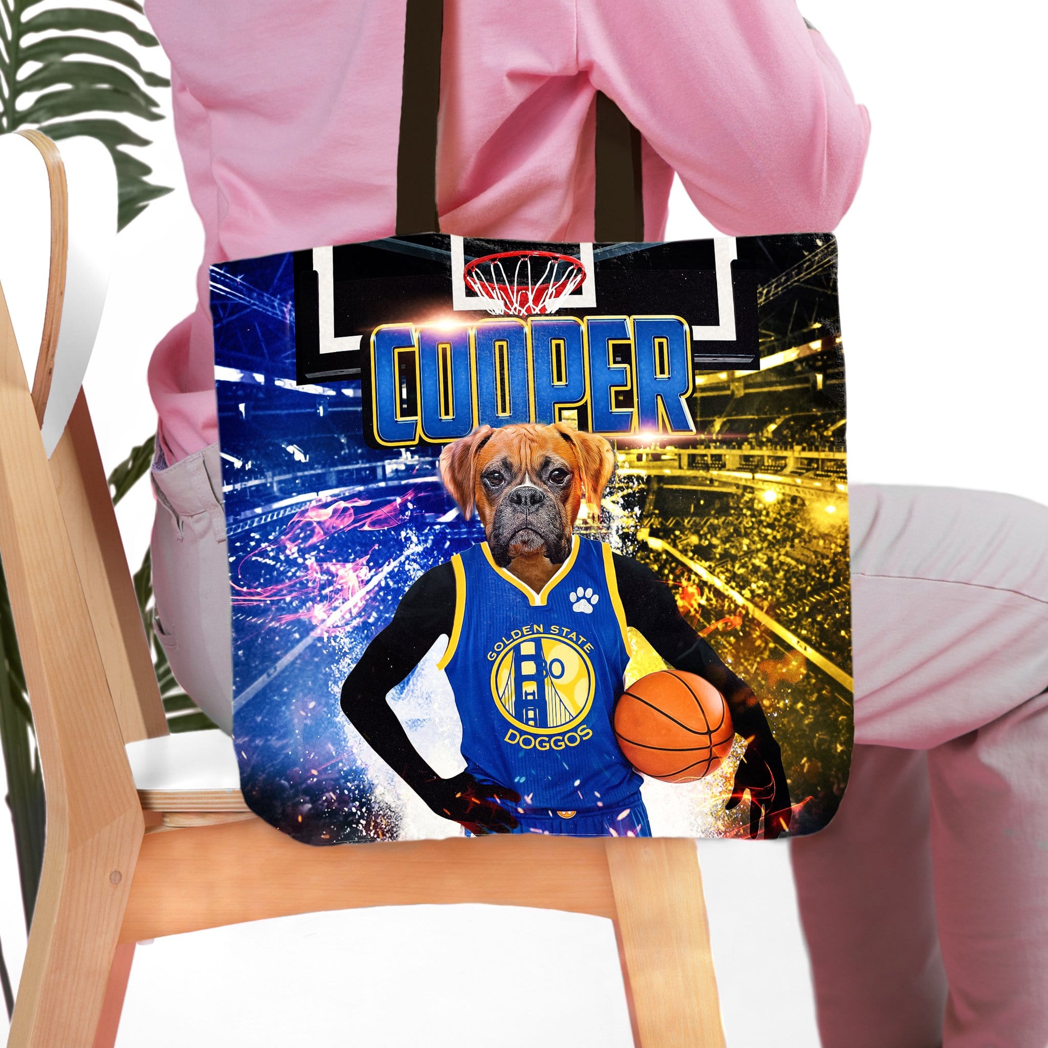 Personalized Golden State Doggos tote bag with a boxer dog portrait in a basketball uniform.