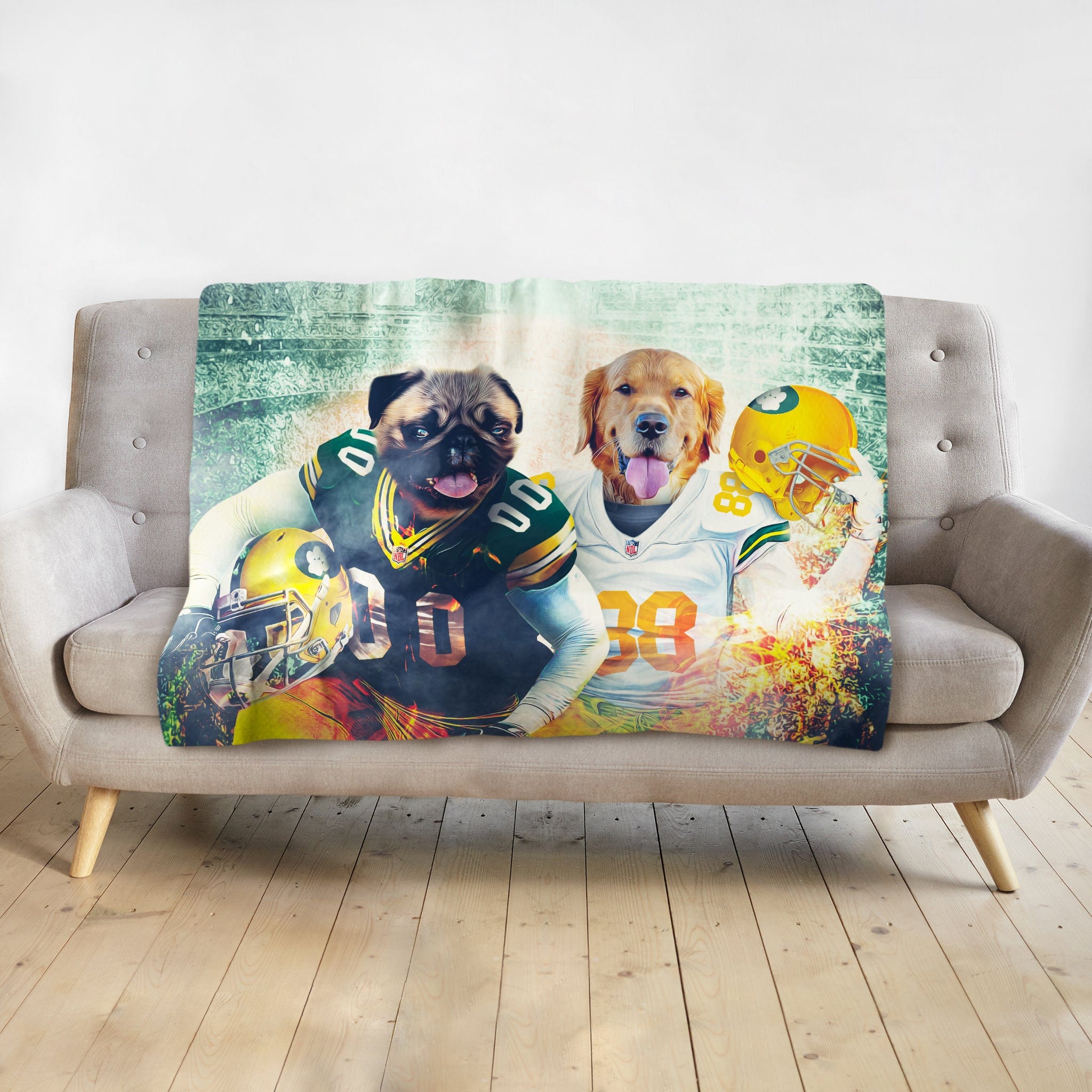 Personalized pet blanket with a pug and golden retriever in Green Bay Packers football uniforms.