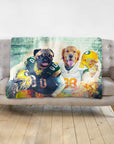Personalized pet blanket with a pug and golden retriever in Green Bay Packers football uniforms.