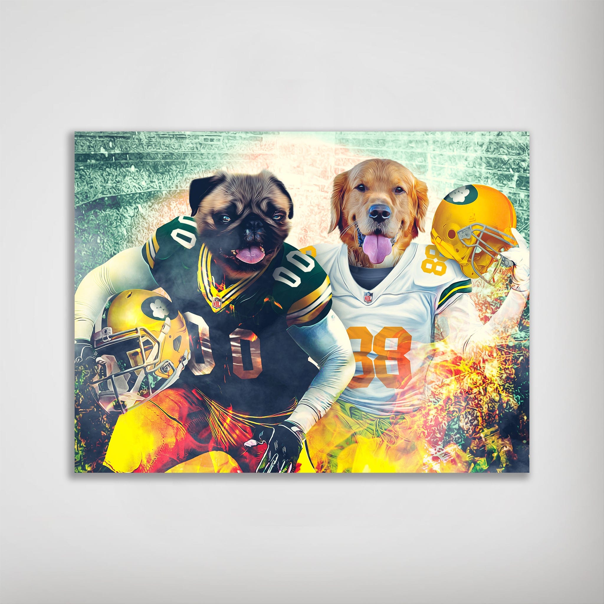 Personalized Green Bay Doggos poster featuring a pug and golden retriever in football uniforms.