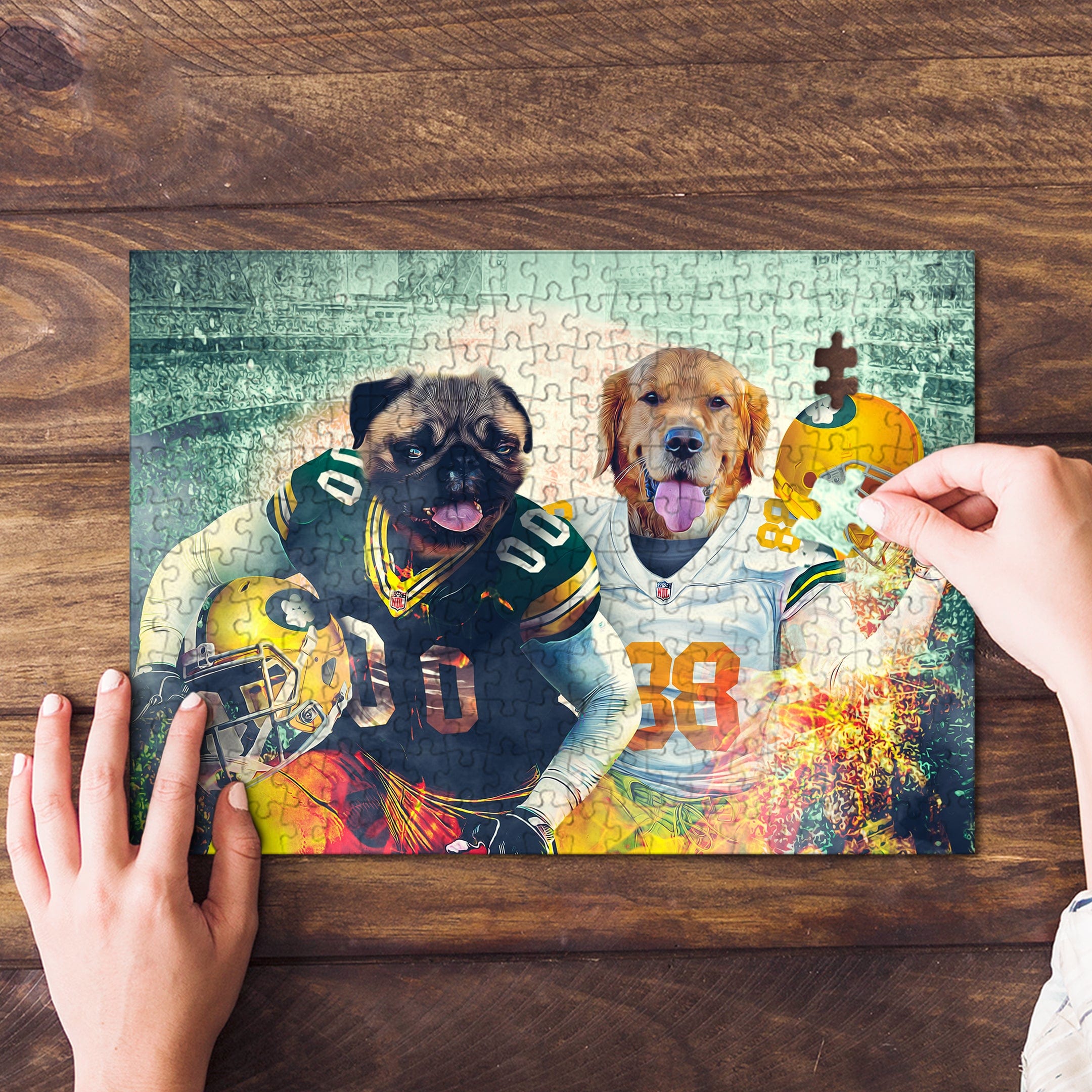 Personalized Green Bay Doggos puzzle featuring a pug and golden retriever in football uniforms.