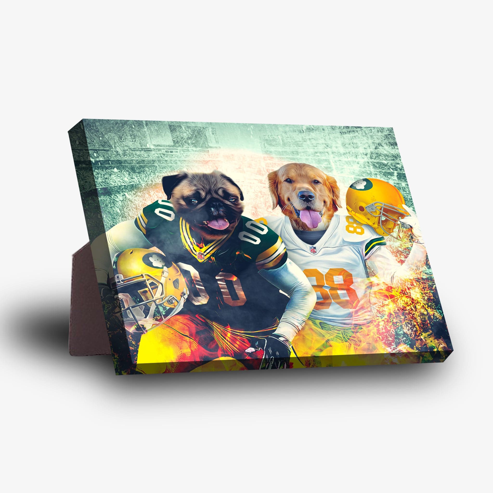 Personalized Green Bay Doggos standing canvas featuring a pug and golden retriever in football uniforms.