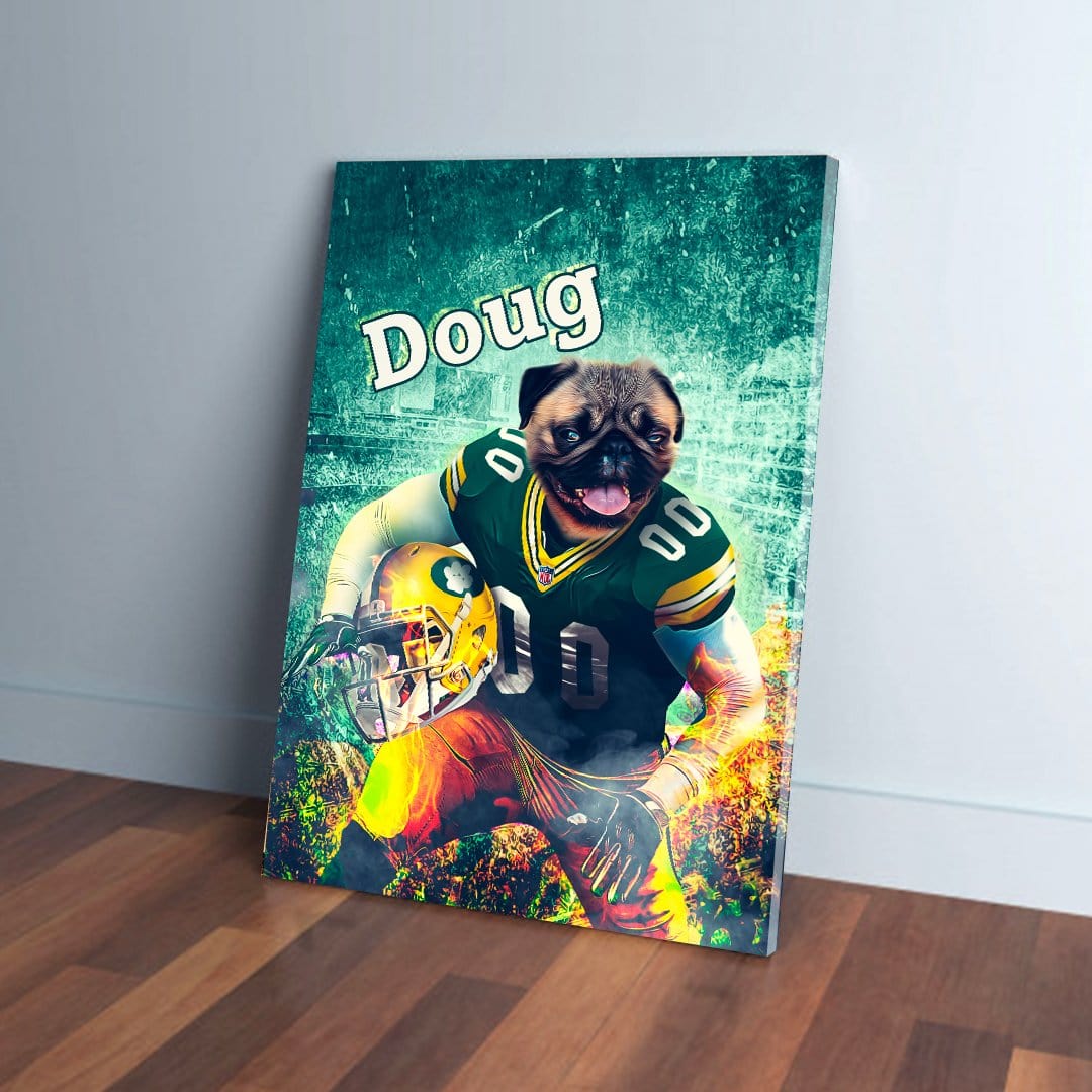 Personalized Green Bay Doggos canvas featuring a pug in a football uniform, holding a helmet.