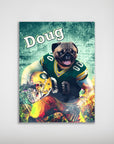 Personalized Green Bay Doggos poster featuring a pug in a football uniform, holding a helmet, with "Doug" text.
