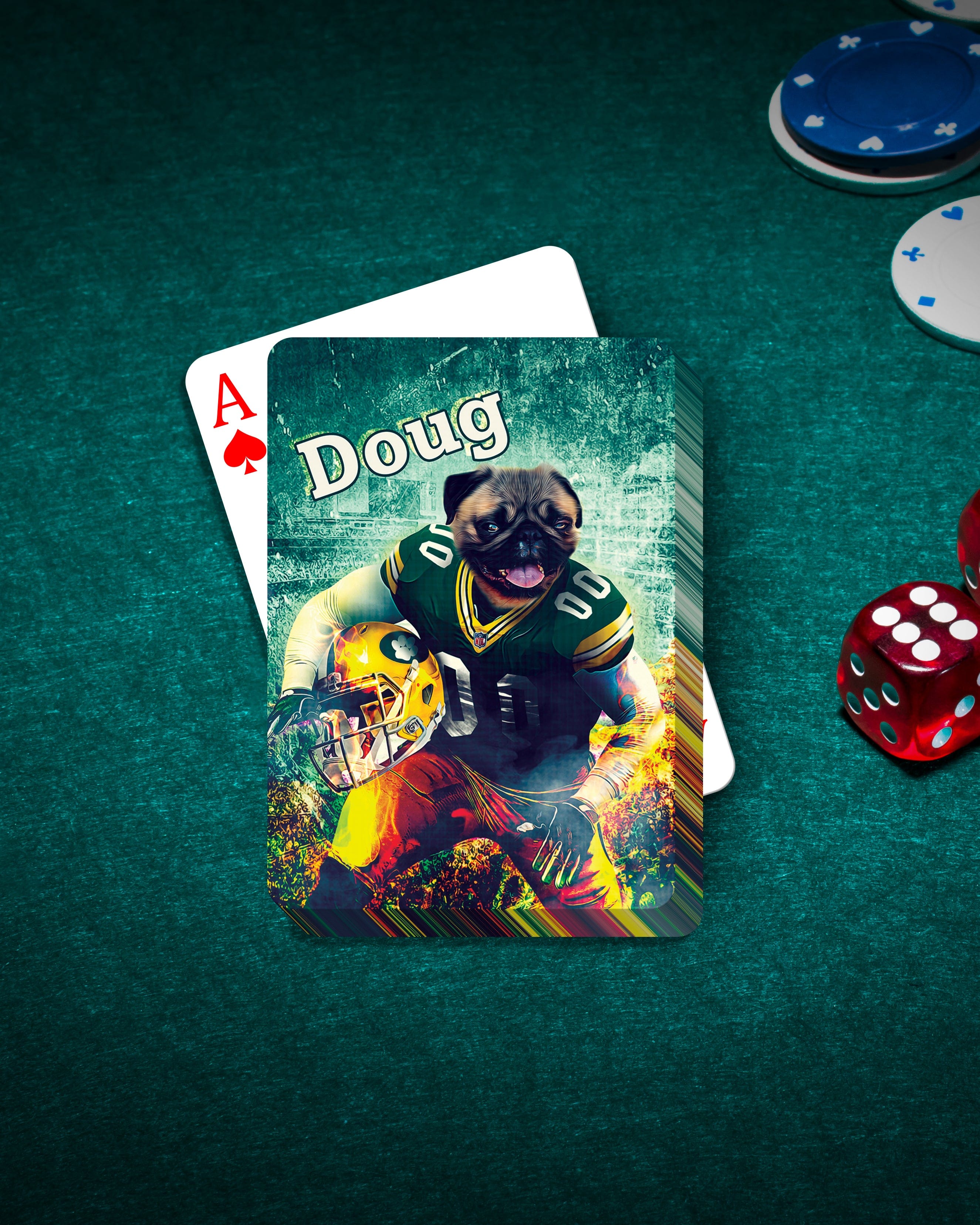 Personalized playing cards featuring a pug pet portrait in a Green Bay Doggos football uniform.