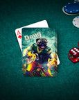 Personalized playing cards featuring a pug pet portrait in a Green Bay Doggos football uniform.
