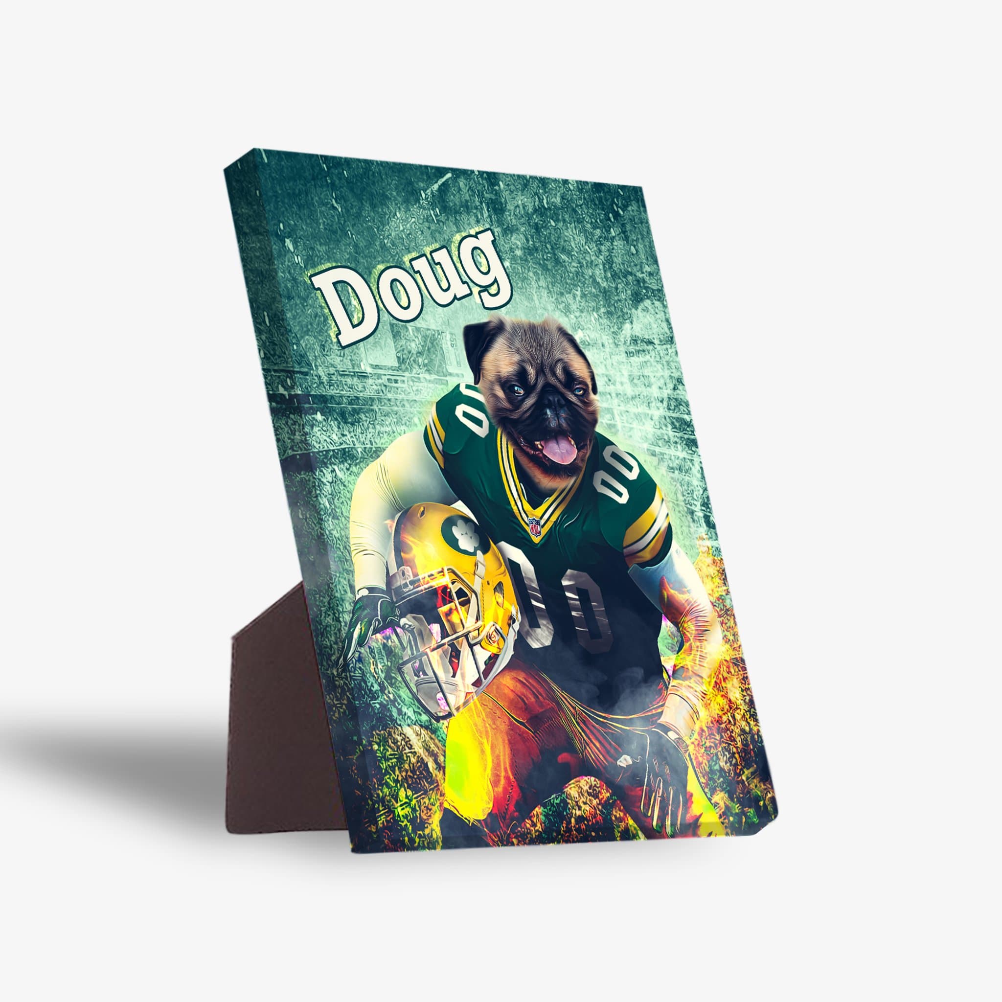Personalized Green Bay Doggos pet standing canvas featuring a pug in a football uniform with "Doug" on top.