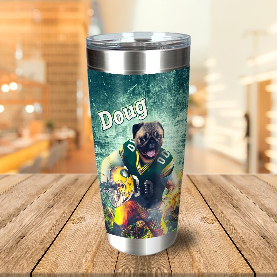 Personalized stainless steel tumbler with a custom pug dog football player portrait and "Doug" text.