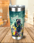 Personalized stainless steel tumbler with a custom pug dog football player portrait and "Doug" text.