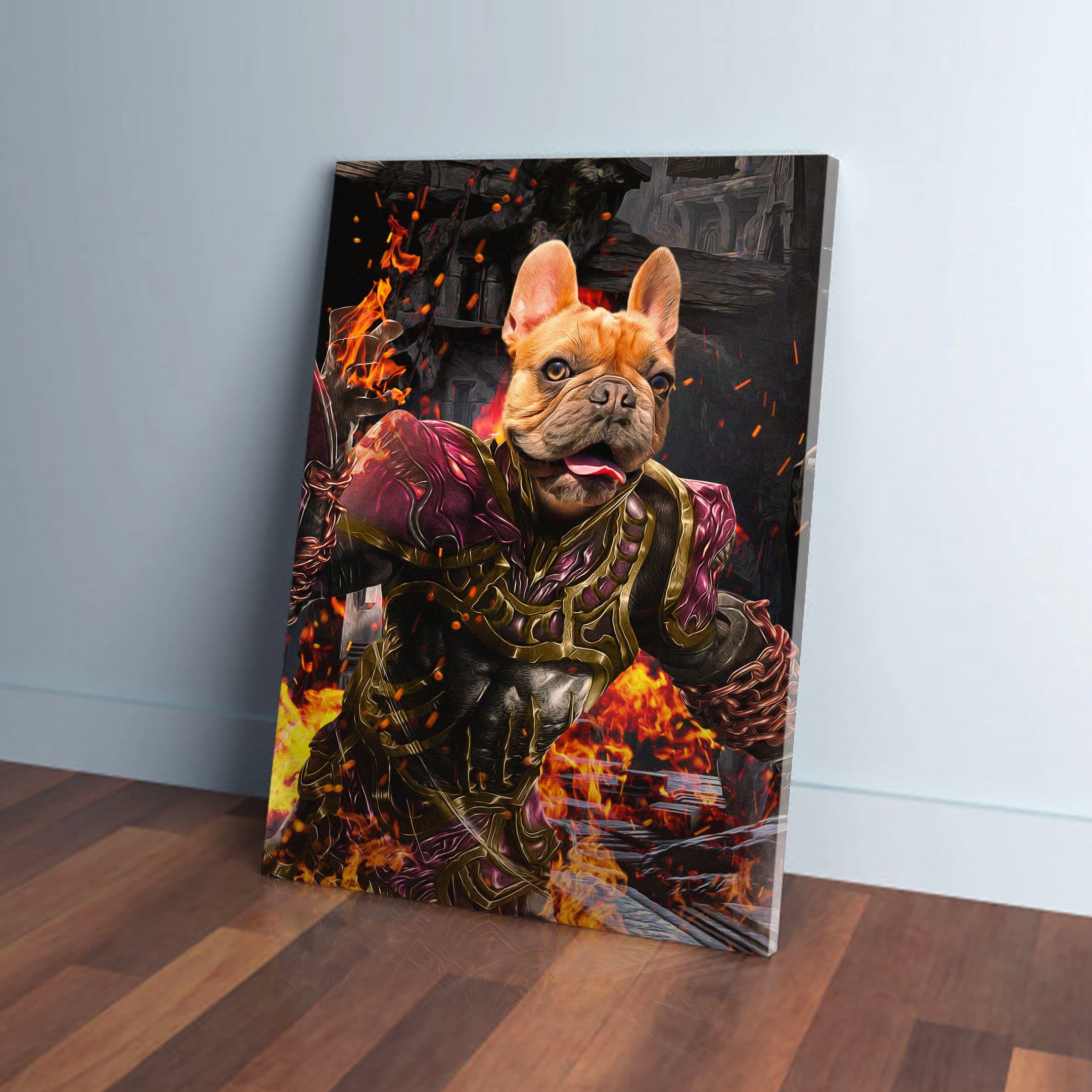 Personalized 'Hades Doggo' pet canvas featuring a French Bulldog in fiery, dark armor.