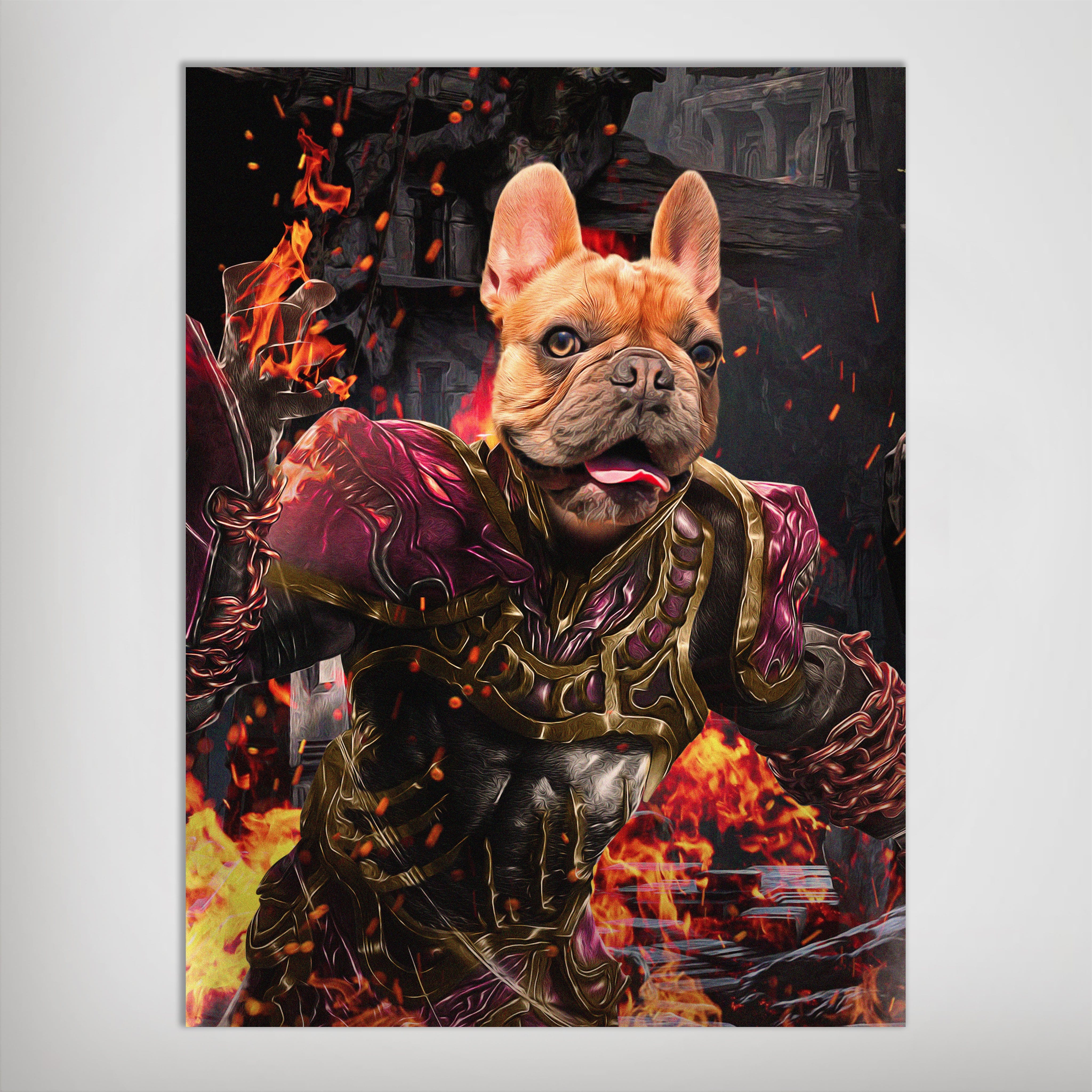 Personalized "Hades Doggo" poster featuring a French Bulldog in dark red and gold armor amidst flames.