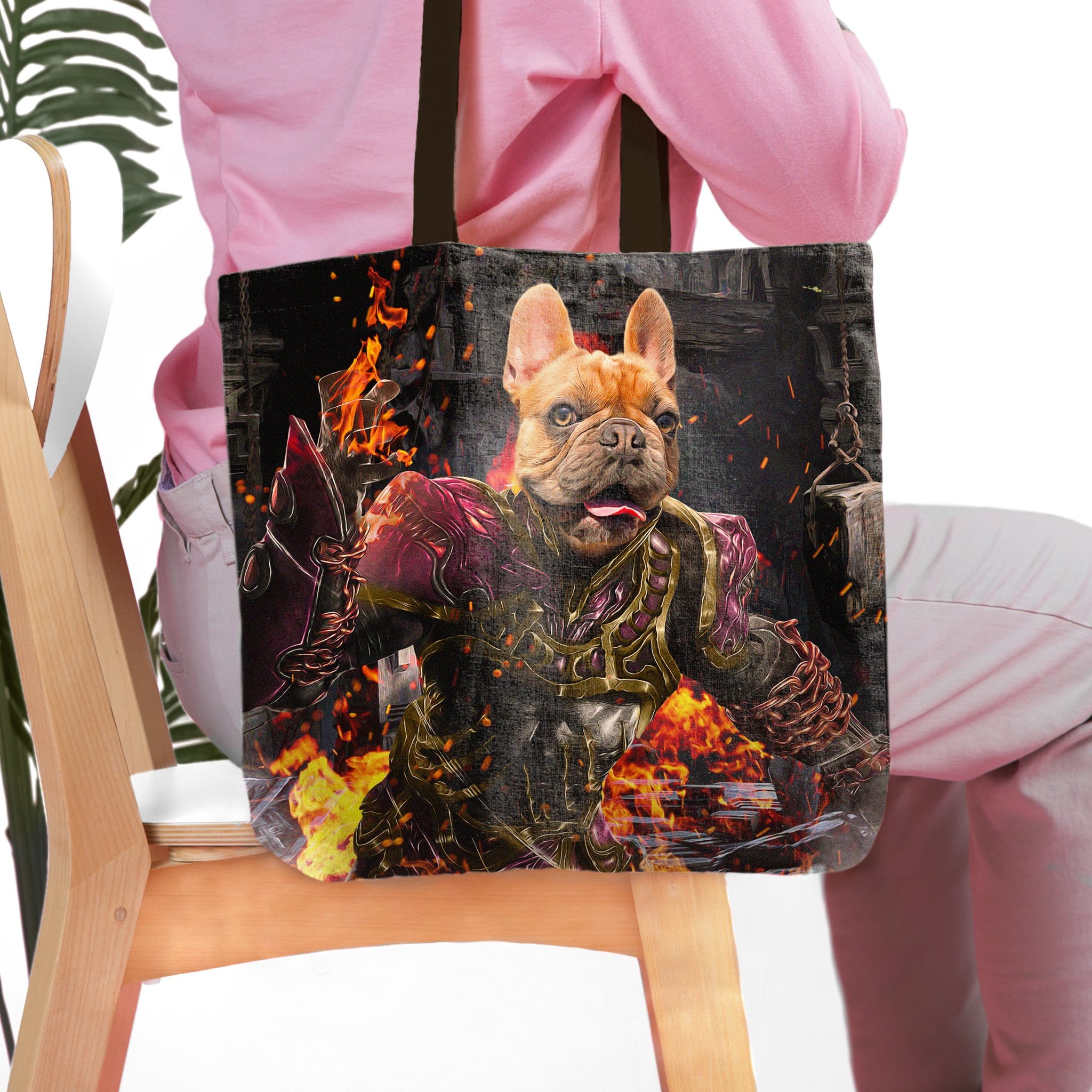 Personalized Hades Doggo tote bag with a French Bulldog pet portrait in warrior armor and flames.