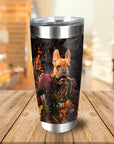 Personalized stainless steel tumbler with a French Bulldog in Hades-style armor surrounded by flames.
