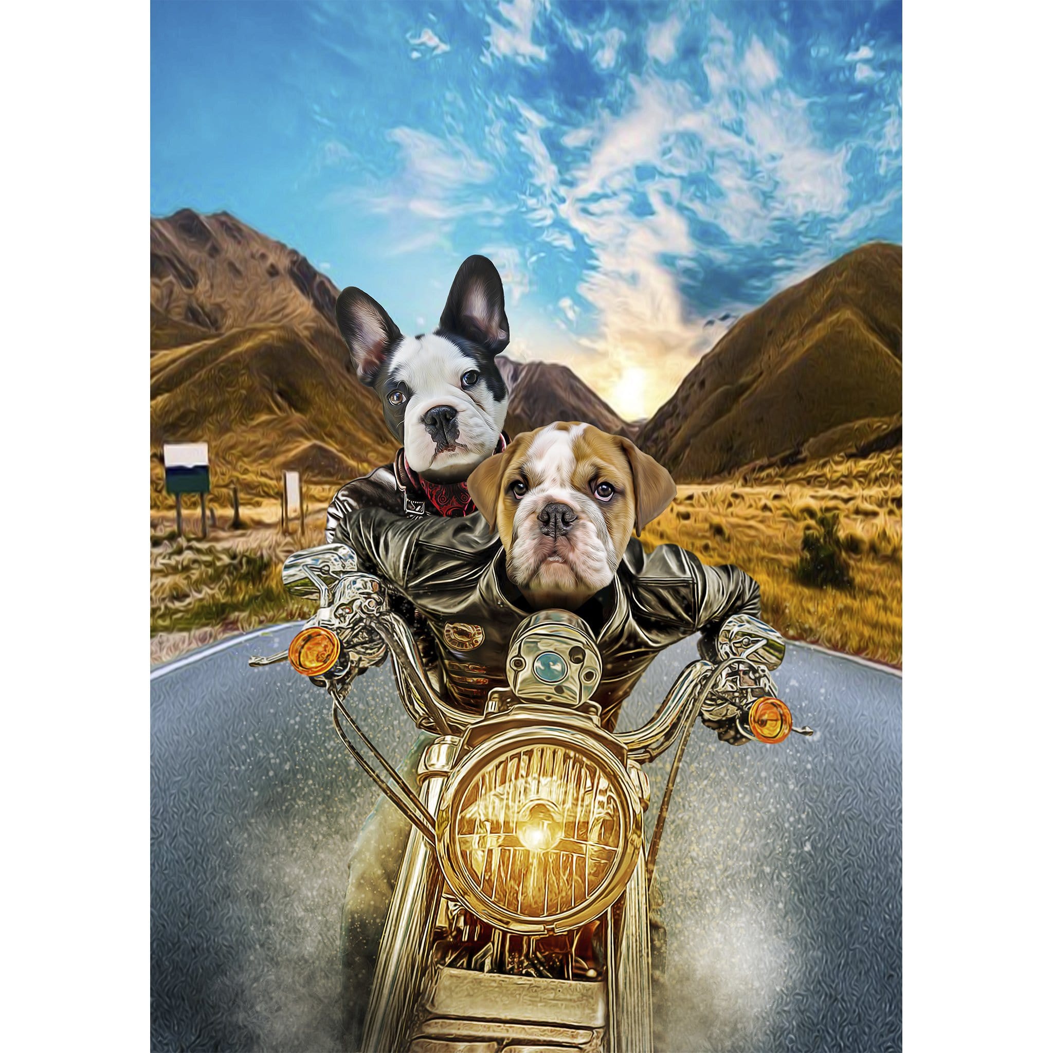 Custom digital portrait of two dogs, a French Bulldog and a Bulldog, riding a motorcycle.