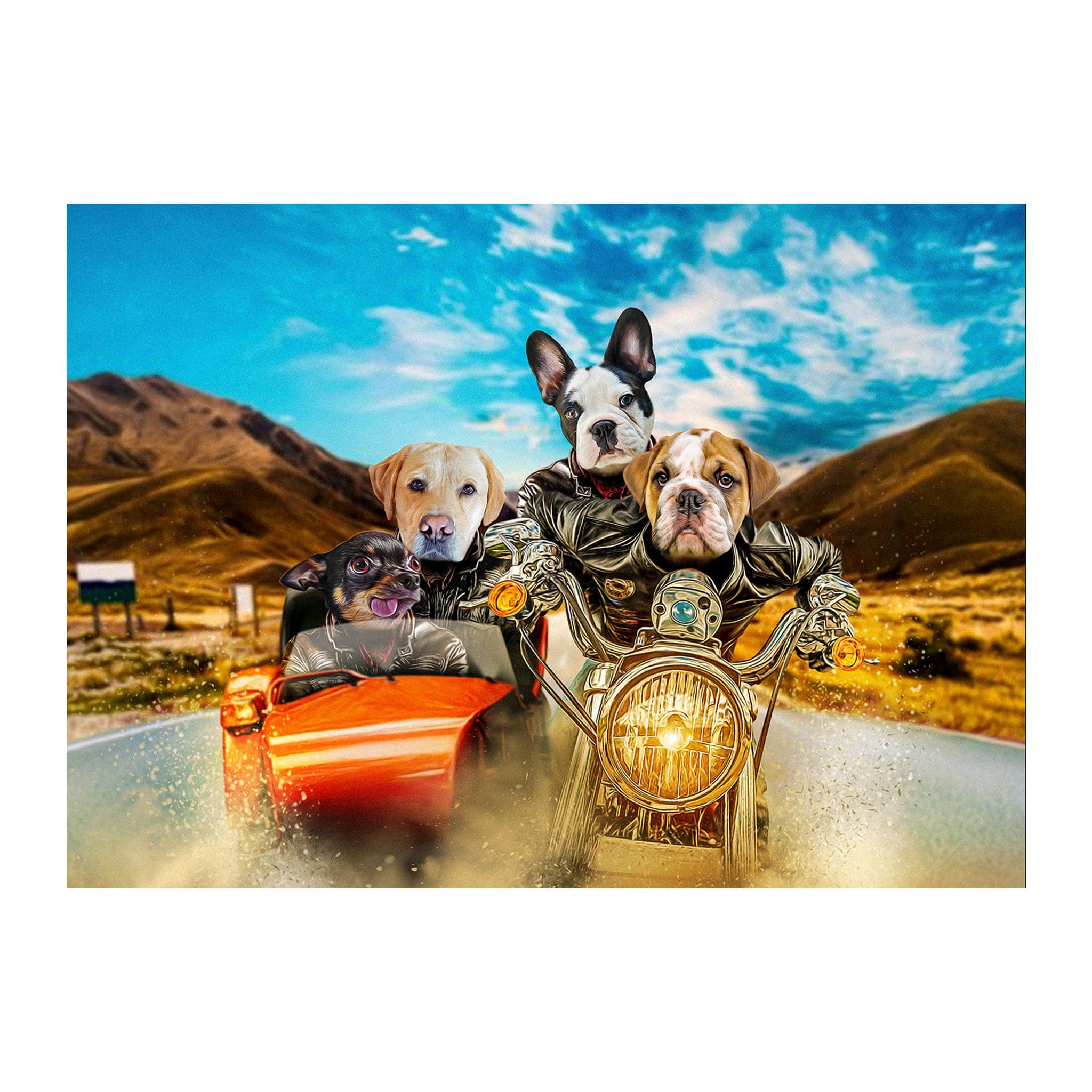 Custom digital portrait of four pets, including dogs, riding a motorcycle with a sidecar.