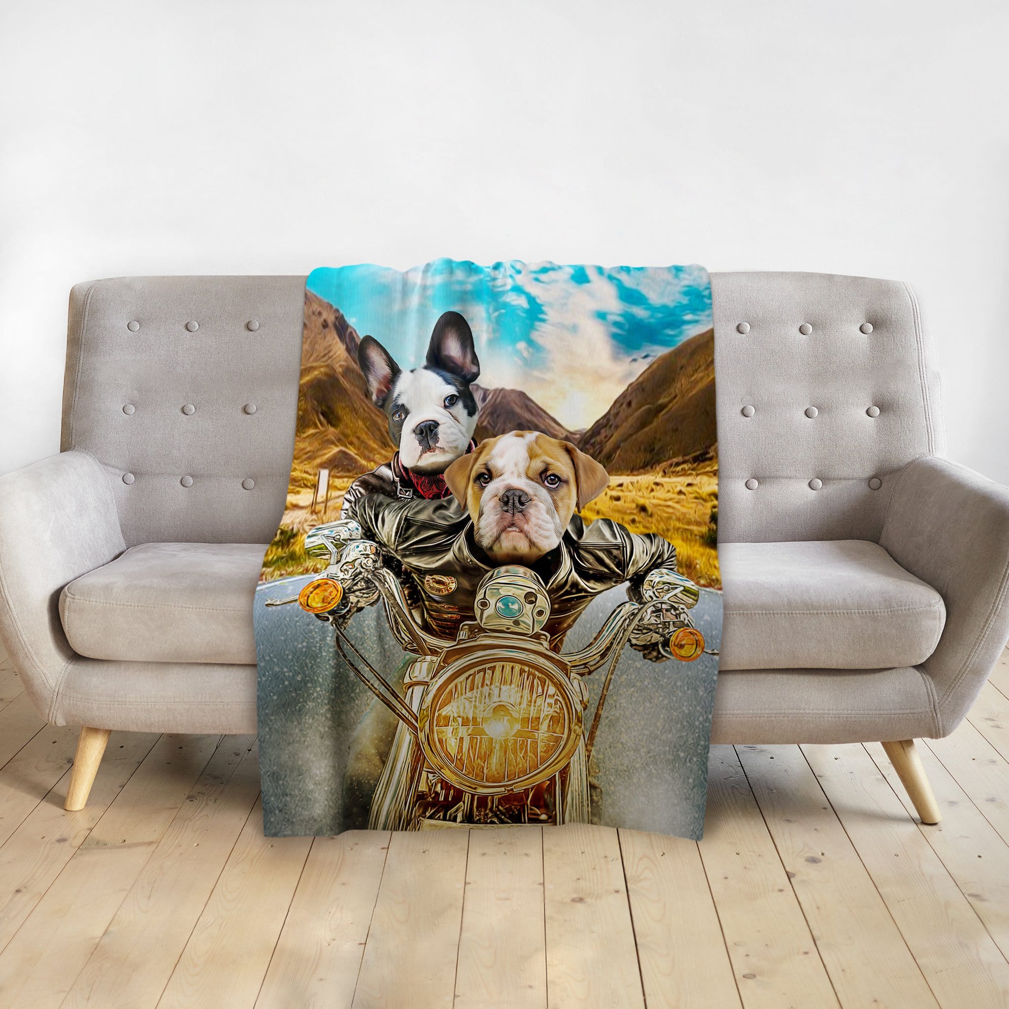 Personalized pet blanket with two dogs in leather jackets on a motorcycle, mountains in background.