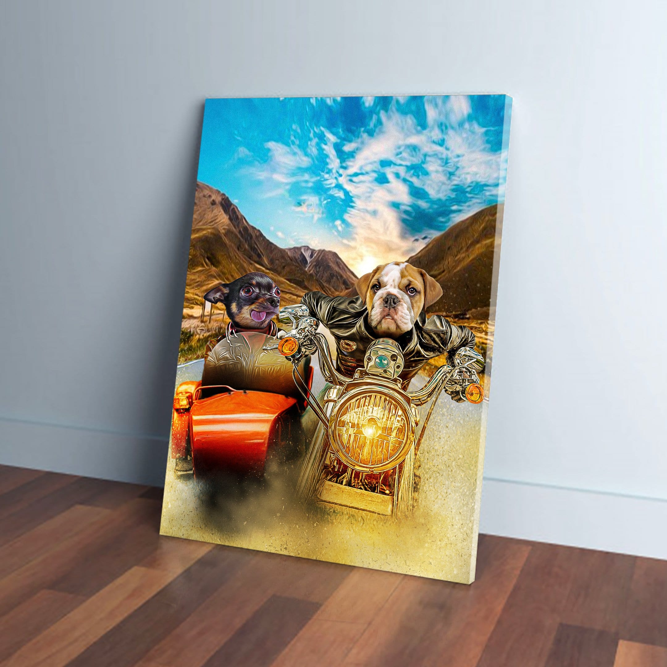 Custom motorcycle dog portrait canvas with bulldog and chihuahua