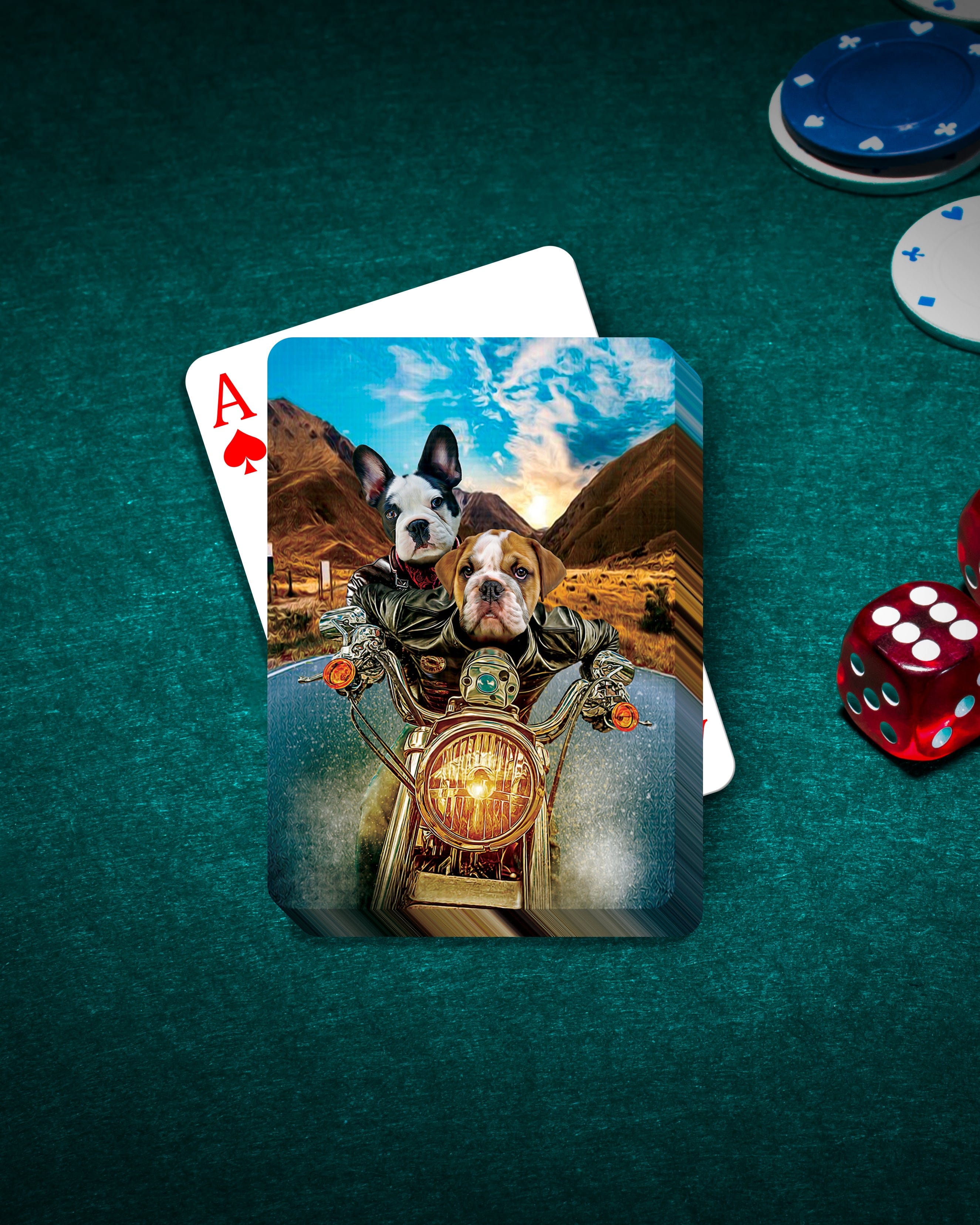 Personalized playing card featuring two dogs on a motorcycle, with an Ace of Spades visible.