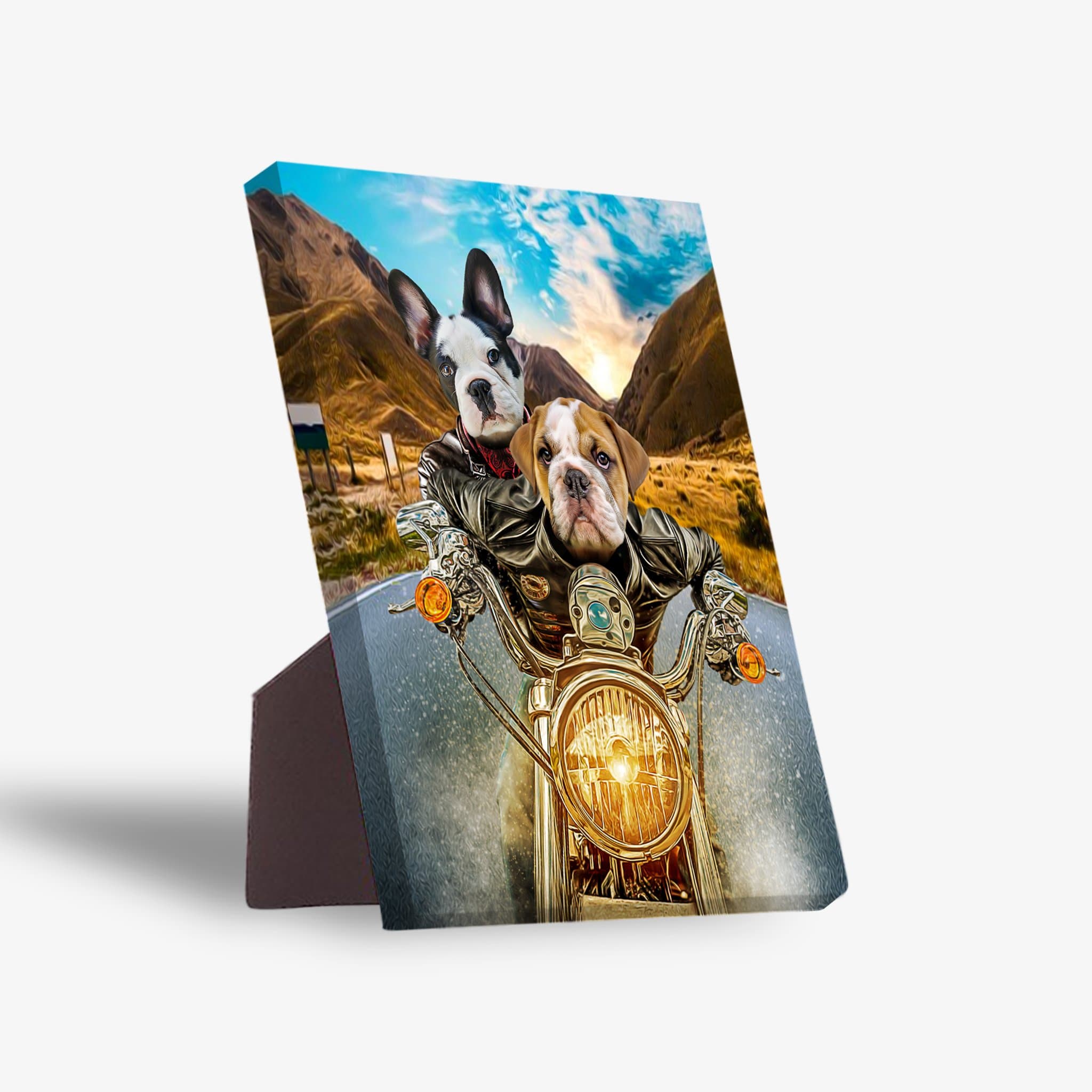 Personalized standing canvas featuring two dogs, a French Bulldog and English Bulldog, riding a motorcycle.