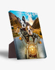 Personalized standing canvas featuring two dogs, a French Bulldog and English Bulldog, riding a motorcycle.