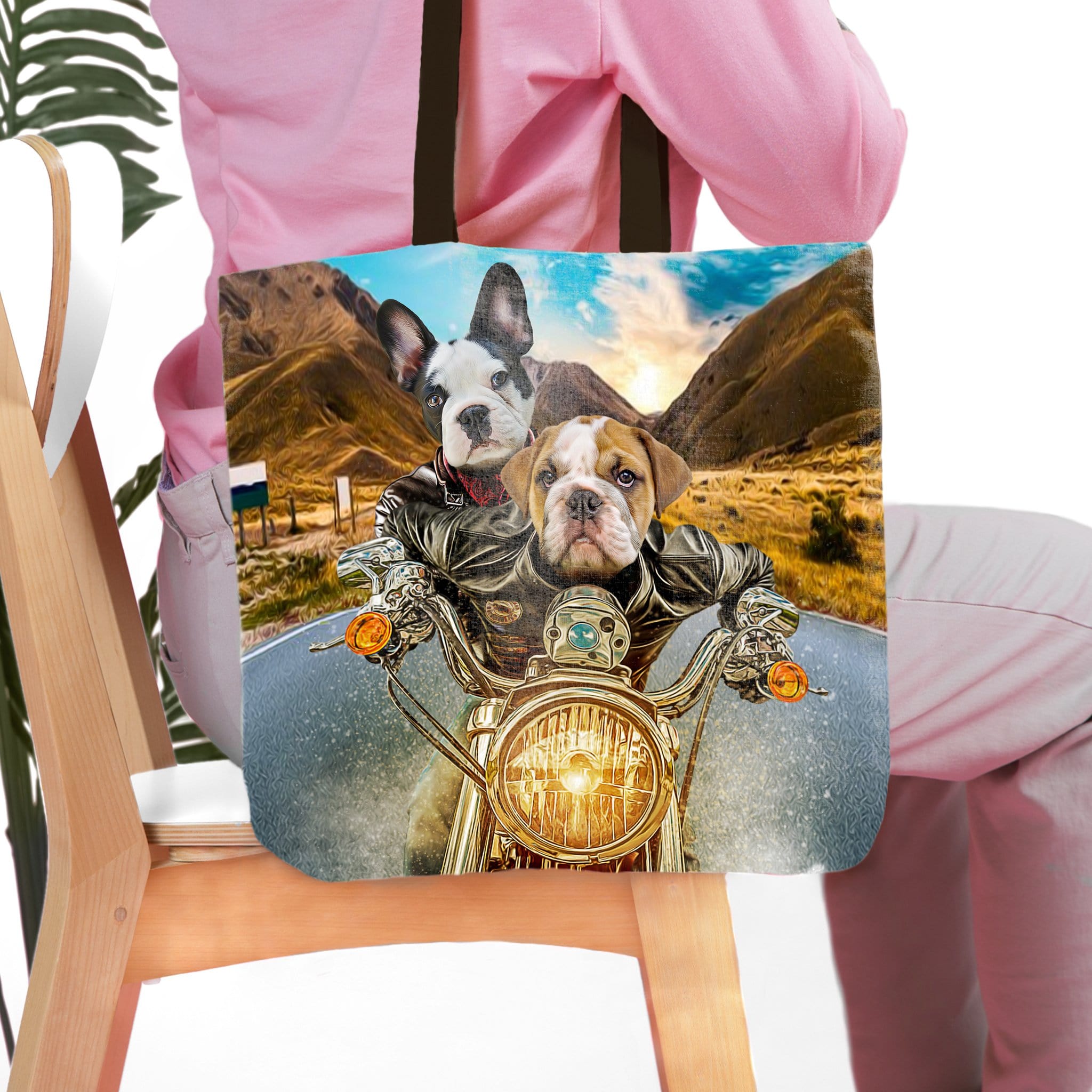 Personalized 2-pet tote bag featuring a French Bulldog and Bulldog puppy in motorcycle jackets on a custom portrait.