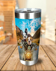 Personalized stainless steel tumbler with two dogs on a motorcycle, featuring a mountain landscape background.
