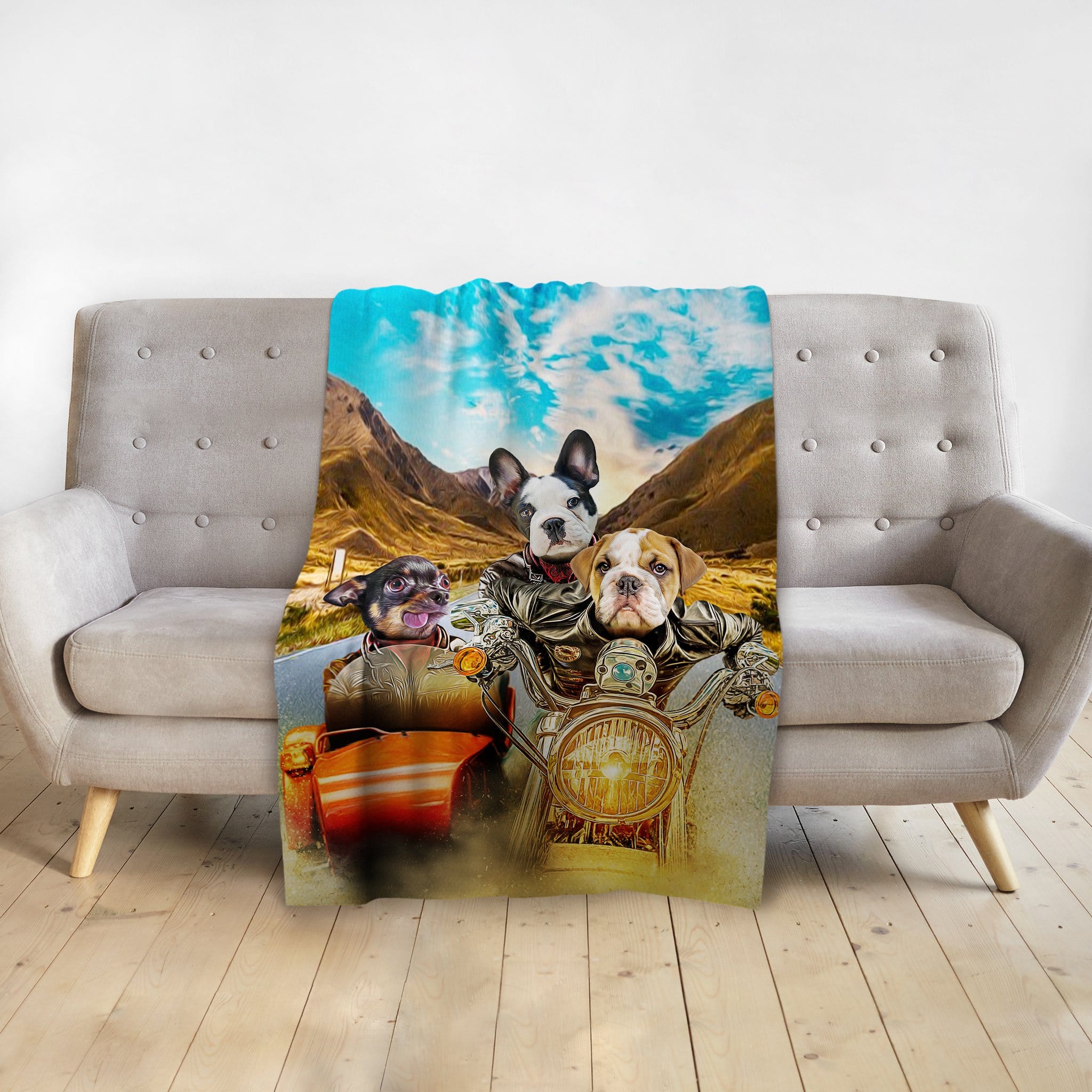Personalized minky blanket with three pets in a "Harley Wooferson" renaissance portrait on a motorcycle.