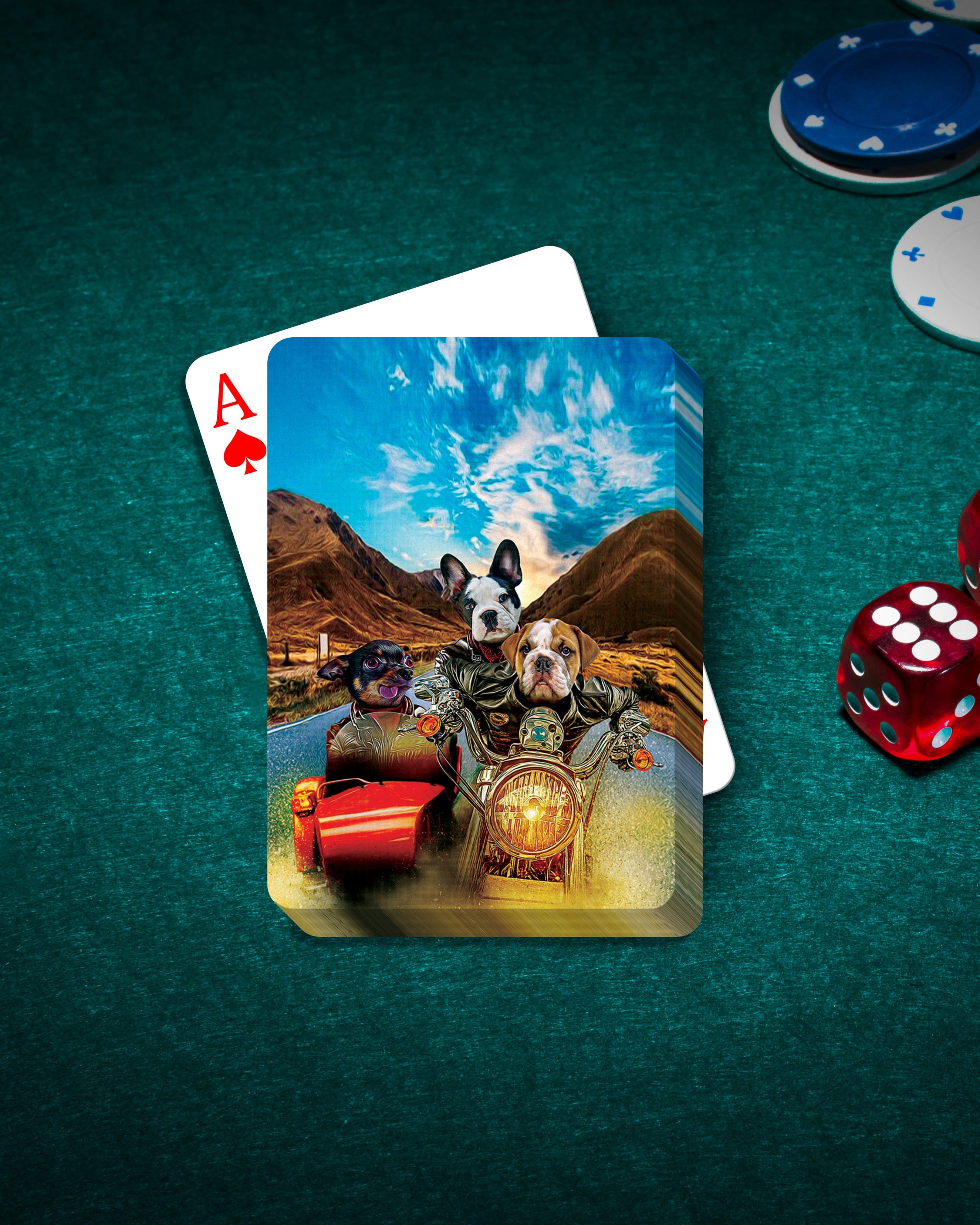 Custom personalized playing cards featuring three pets riding a motorcycle, on a green felt table with poker chips and dice.