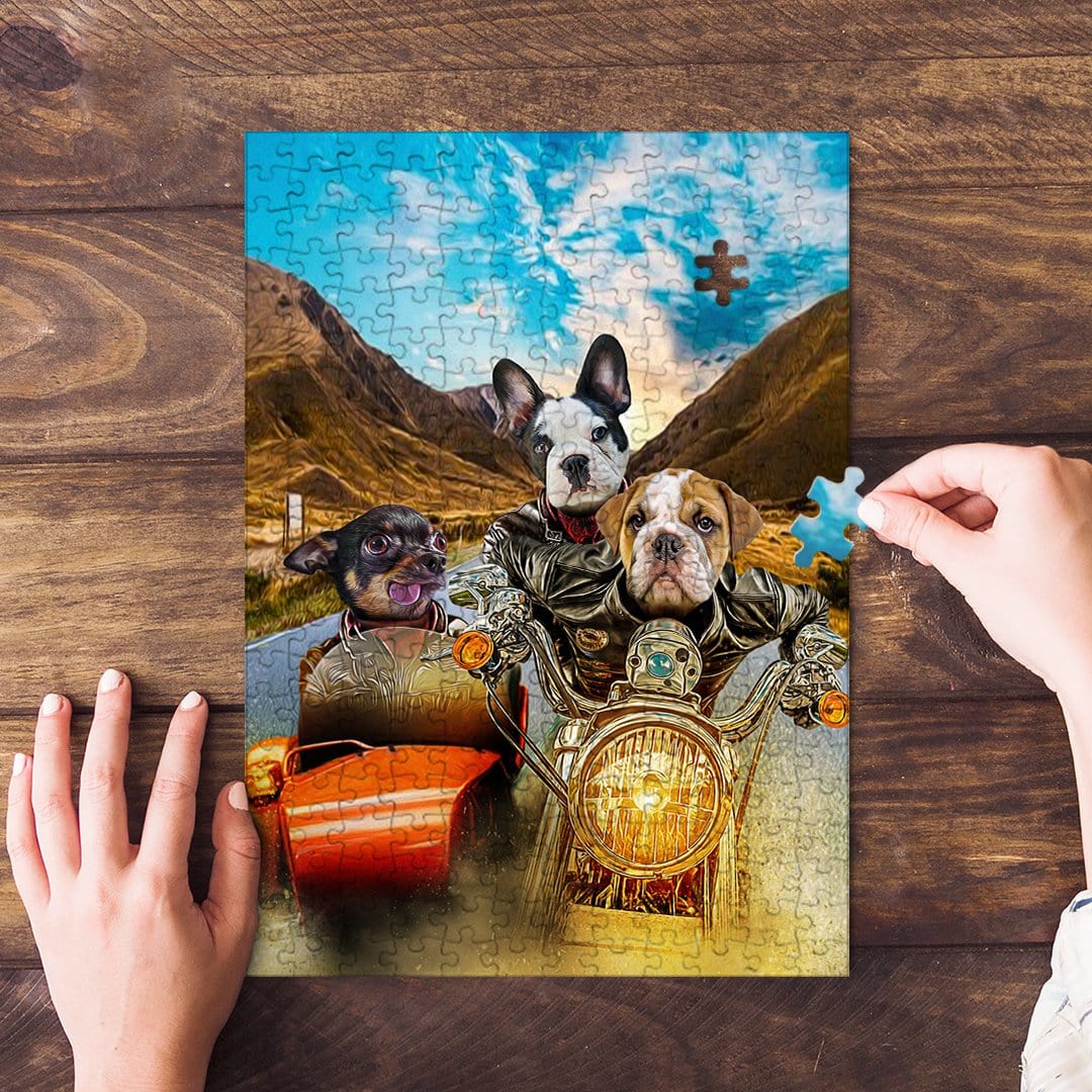 Personalized 3-pet puzzle featuring dogs in a "Harley Wooferson" style, with hands assembling pieces.