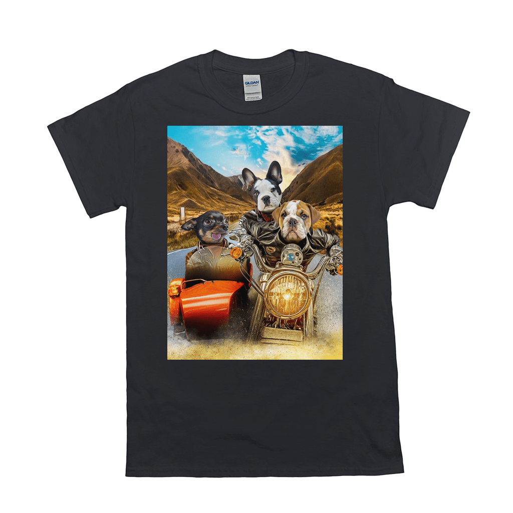 Black Gildan t-shirt with a custom graphic of three dogs riding a motorcycle through mountains.