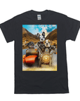 Black Gildan t-shirt with a custom graphic of three dogs riding a motorcycle through mountains.