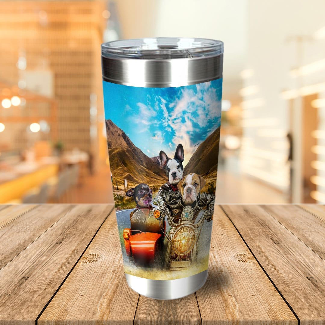 Personalized stainless steel tumbler with three cartoon pets riding a motorcycle in a mountain landscape.