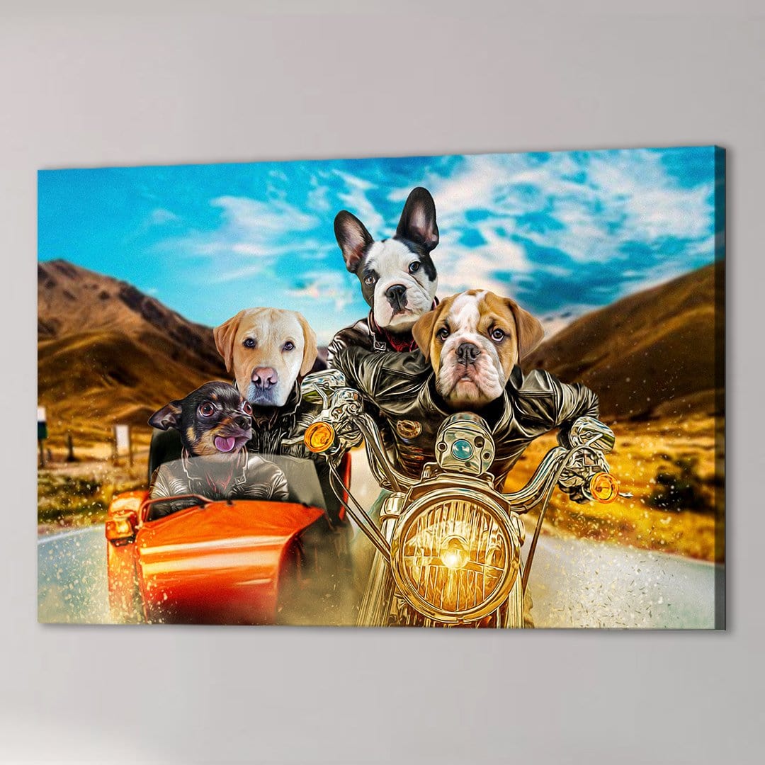 Custom pet canvas: four dogs in biker gear on a motorcycle, with a scenic mountain road background.