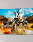 Custom pet canvas: four dogs in biker gear on a motorcycle, with a scenic mountain road background.