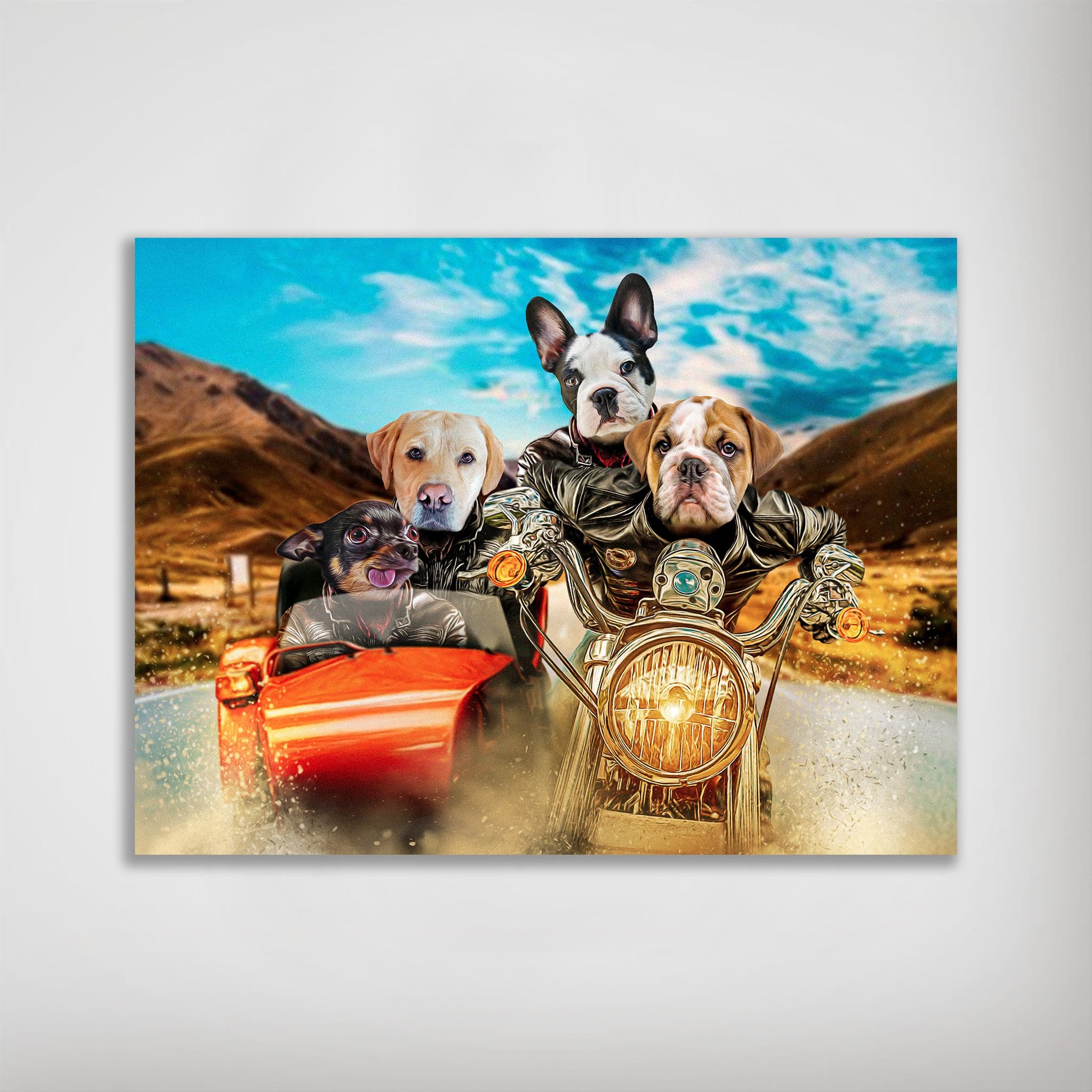 Personalized "Harley Wooferson" poster featuring four pets riding a motorcycle and sidecar on a desert road.
