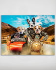 Personalized "Harley Wooferson" poster featuring four pets riding a motorcycle and sidecar on a desert road.