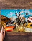 Personalized 4-pet puzzle featuring dogs in a "Harley Wooferson" style, on a wooden table.