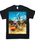 Black Gildan t-shirt with a custom graphic of four dogs riding a motorcycle with a sidecar.