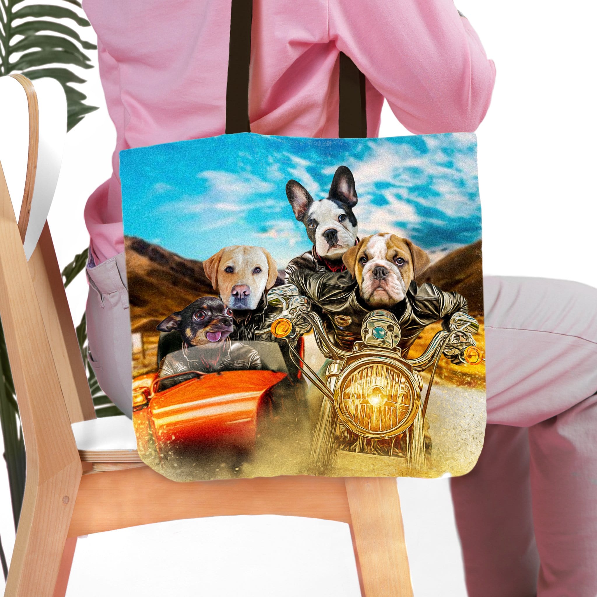 Personalized tote bag with a custom pet portrait of four dogs on a motorcycle.