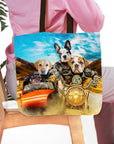 Personalized tote bag with a custom pet portrait of four dogs on a motorcycle.