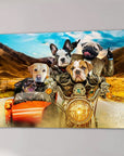 Custom pet portrait canvas featuring five dogs in a motorcycle and sidecar, wearing leather jackets, on a desert road.