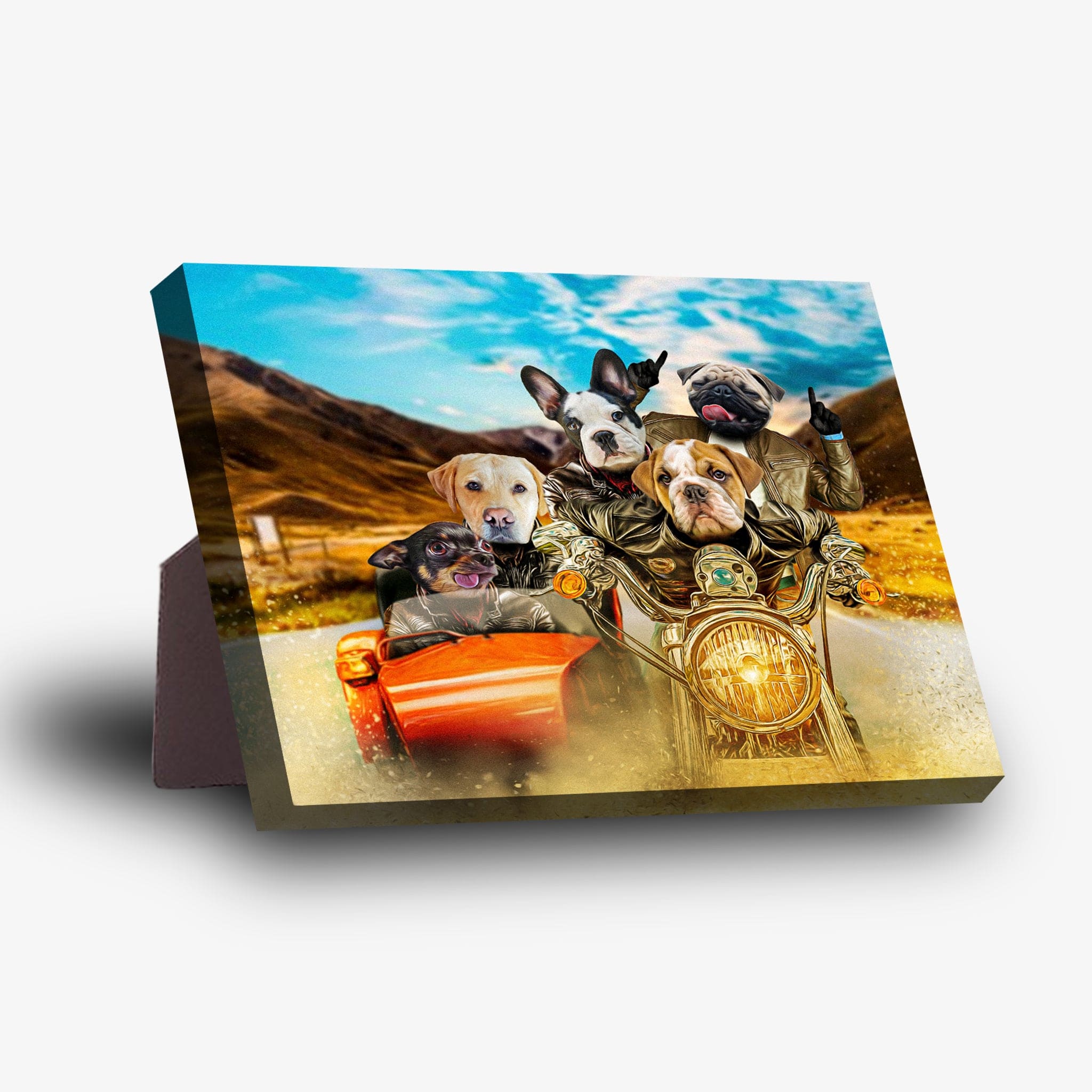 Personalized 5-pet standing canvas featuring dogs on a motorcycle with a sidecar, set against a scenic road.