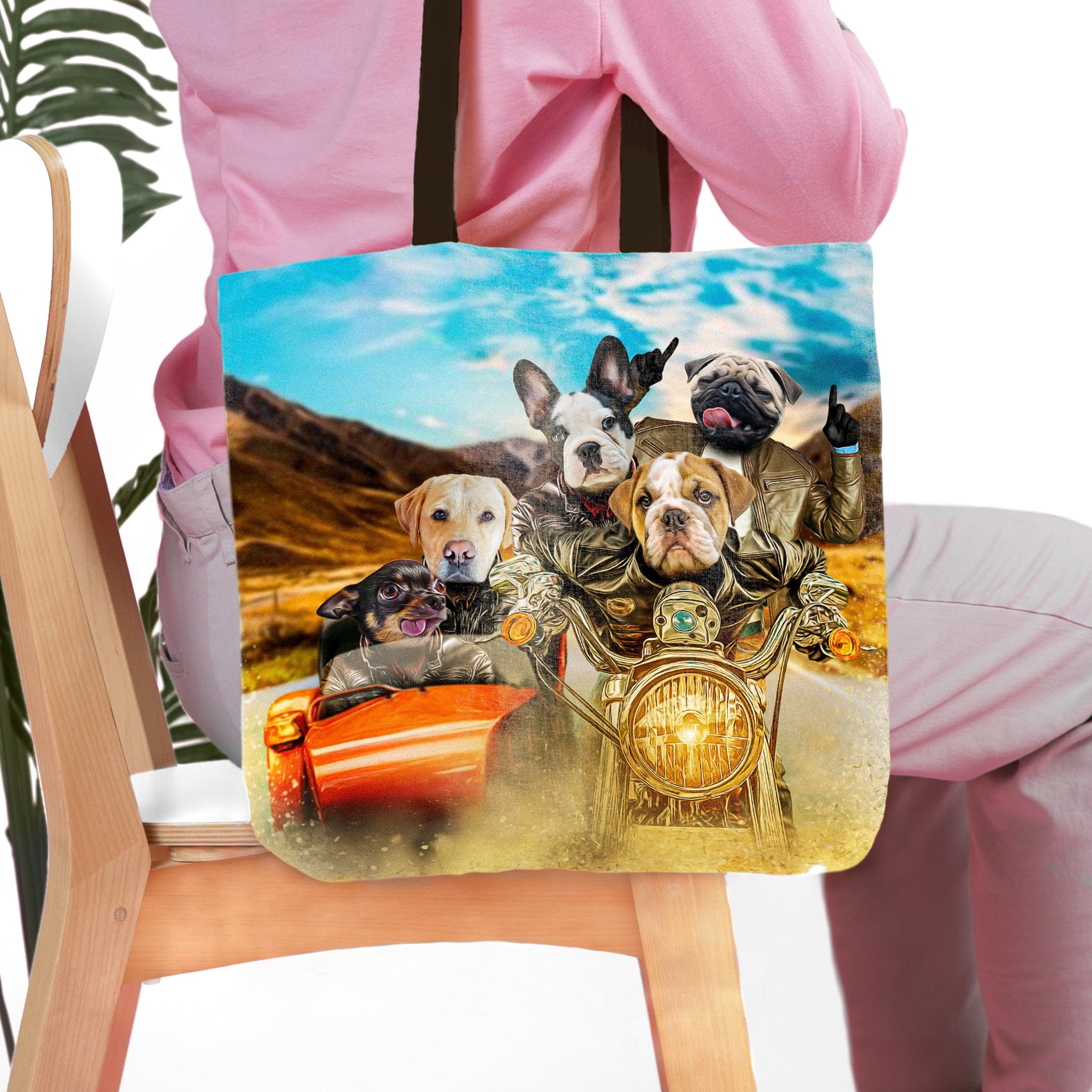 Personalized 5-pet 'Harley Wooferson' tote bag with dogs in motorcycle and car portraits.