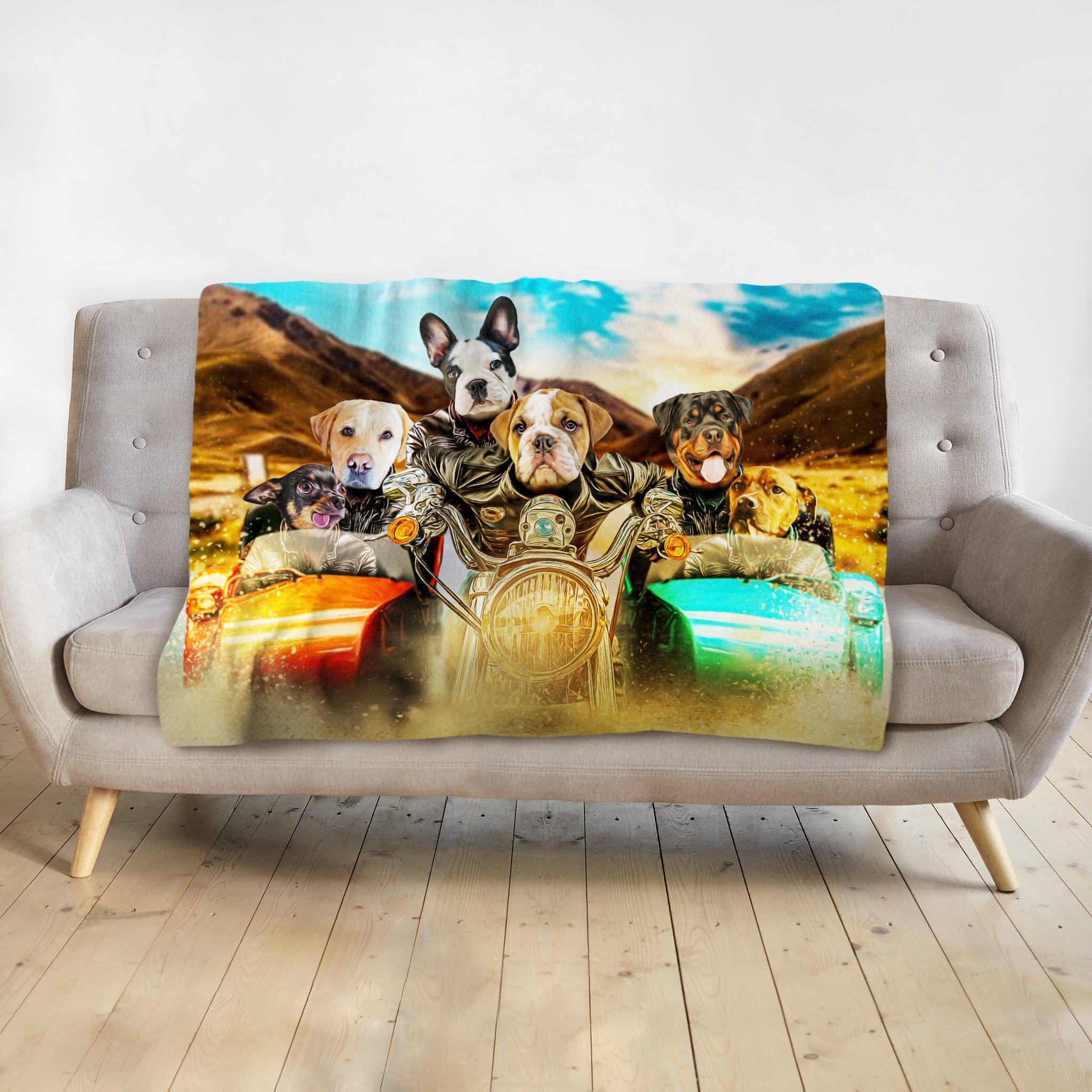 Personalized custom blanket with five dogs in a renaissance-style motorcycle portrait.