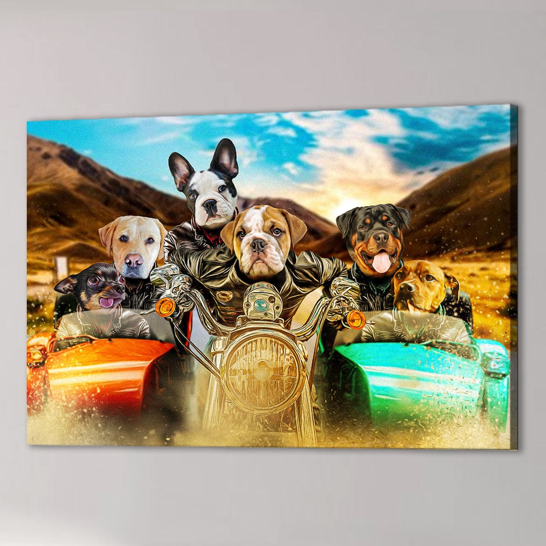Custom pet canvas featuring six dogs on a motorcycle and sidecars, with a sunset mountain background.