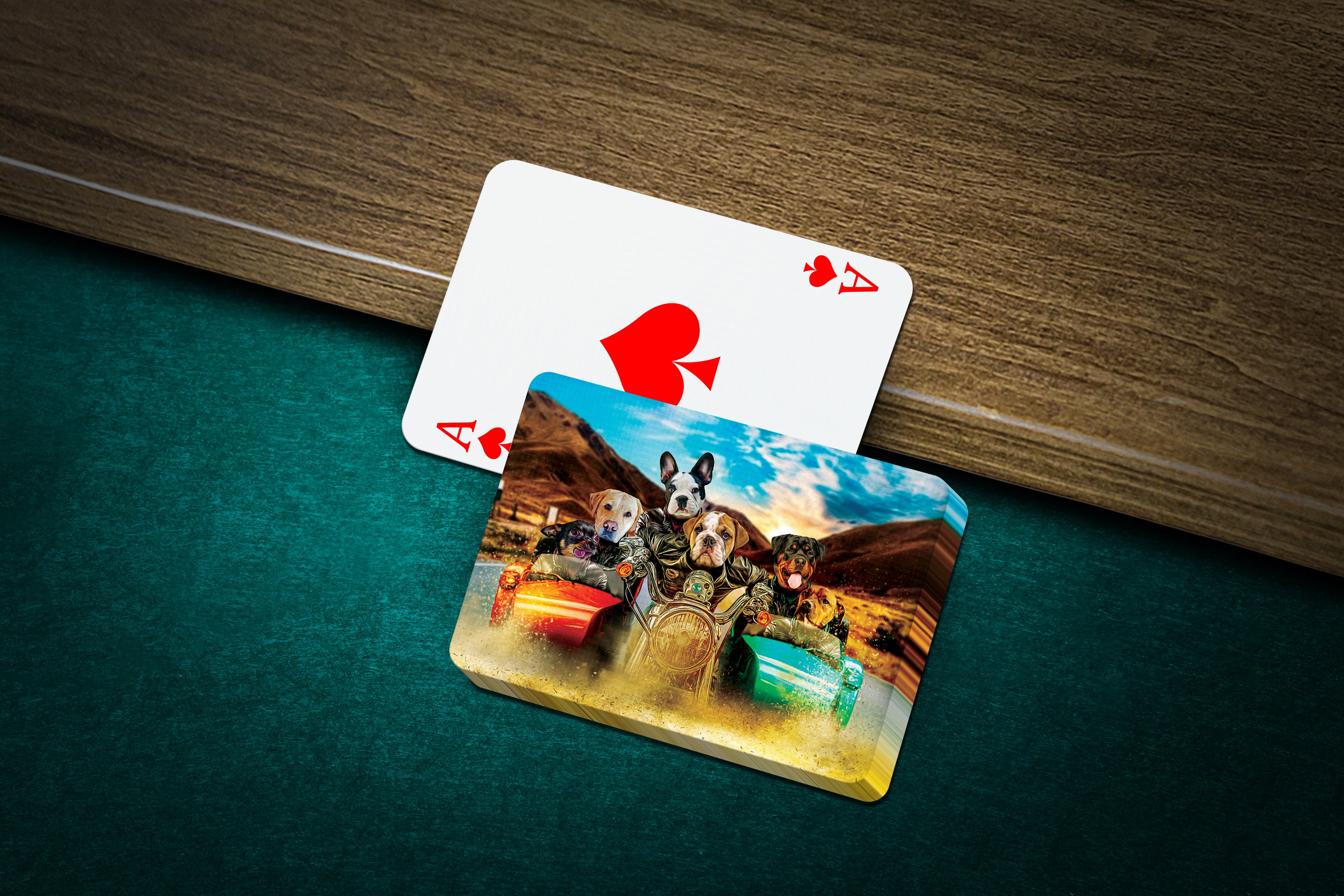 Custom personalized playing cards featuring a cartoon portrait of six dogs in a sidecar, next to an Ace of Spades.